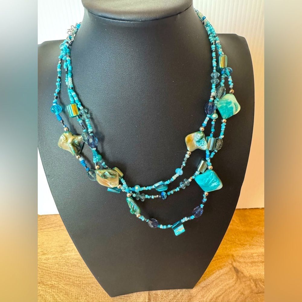 M & S Artisan Abalone Shell & Seed Bead Necklace Blue Teal Boho Beachy Multi